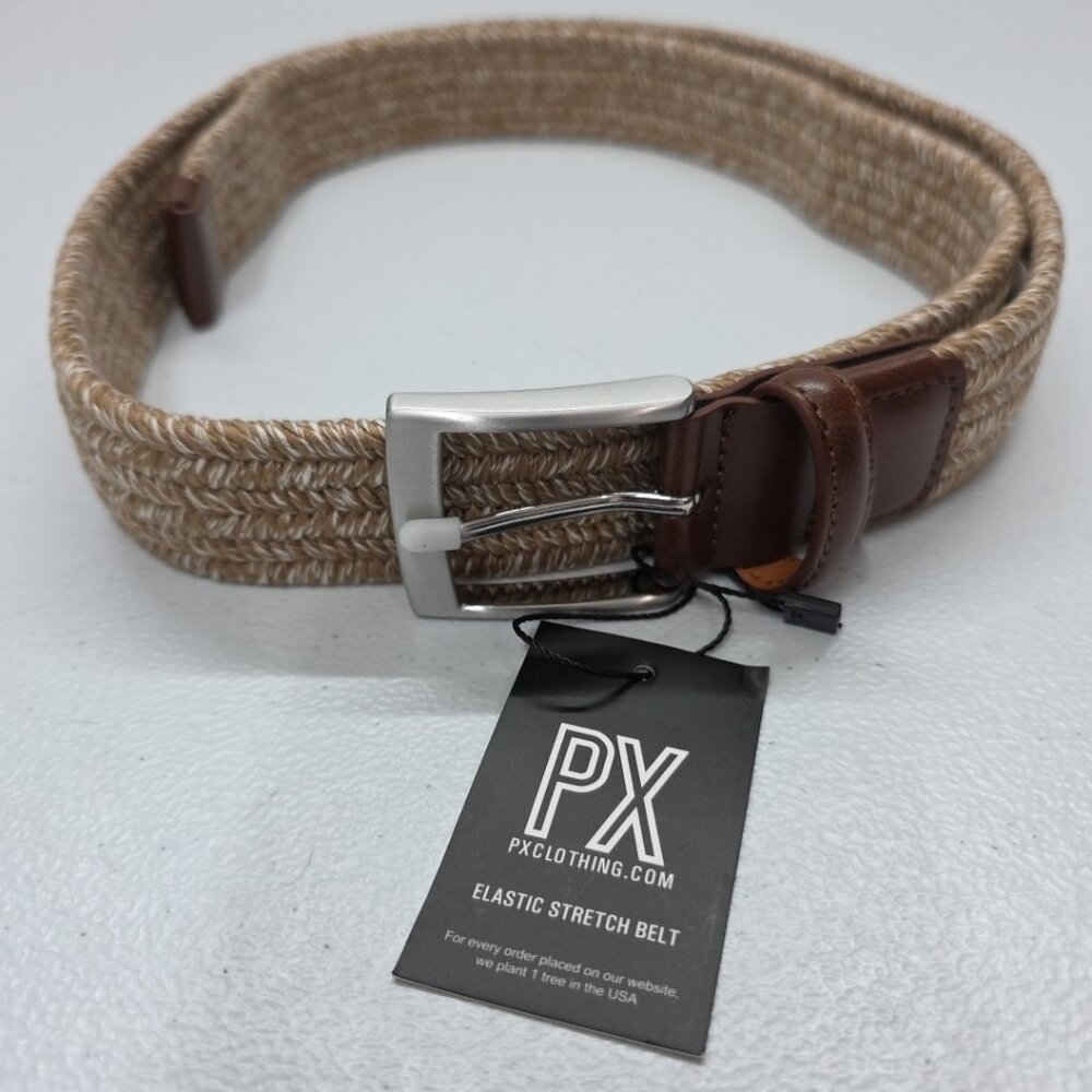 PX Clothing Mens Elastic Stretch Belt Braided Woven Tan Brown Classic Sz 46 NWT